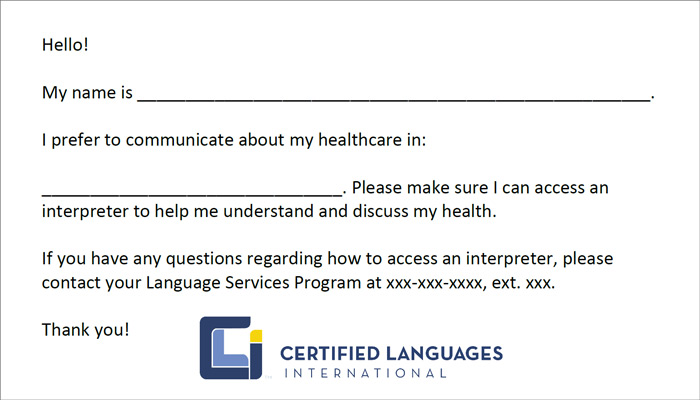 An example of an I Speak Card created by Certified Languages International (CLI).