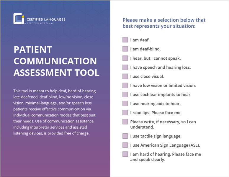 A card with check boxes that empowers patients and clients to state how they communicate with how much they can see and hear.