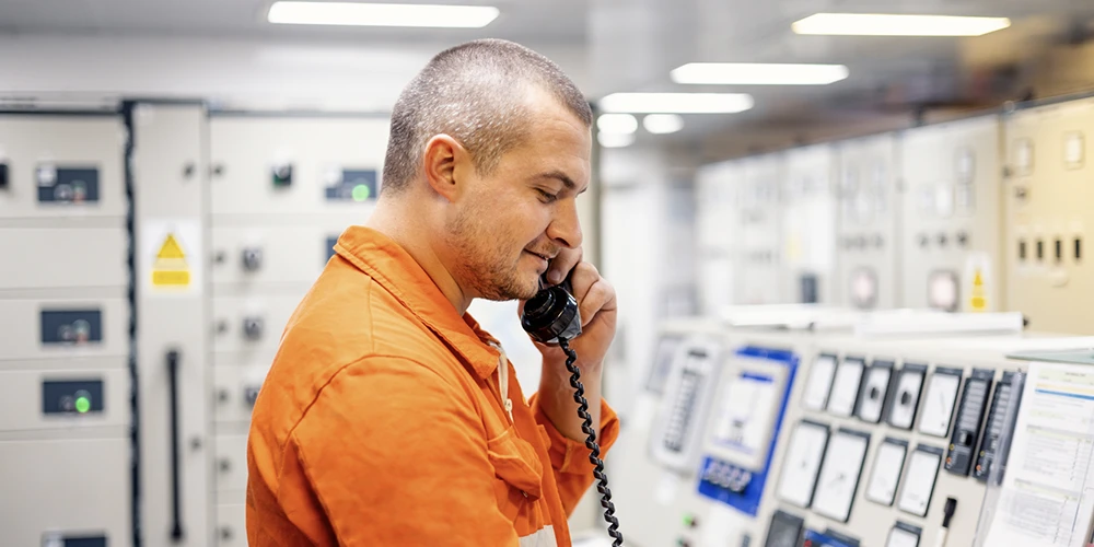 A government employee has a discussion with an interpreter and a Vietnamese-speaking party on the phone.